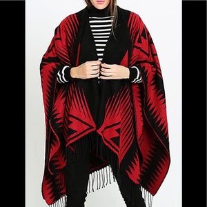 Shawl / wrap Red and black with fringe one sz +too